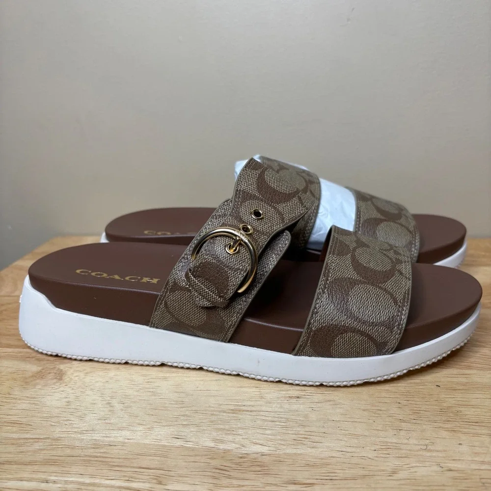 Coach Gwen Signature Sandal Sz 10 Platform Slides Khaki/ Saddle NWOB - Picture 2 of 8